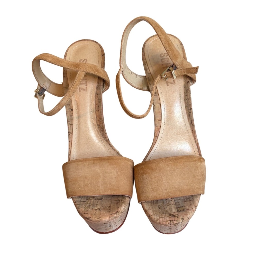 Schutz Tan Suede Cork Platform Sandals Ankle Strap Block Heel Brazil Size 38 7.5